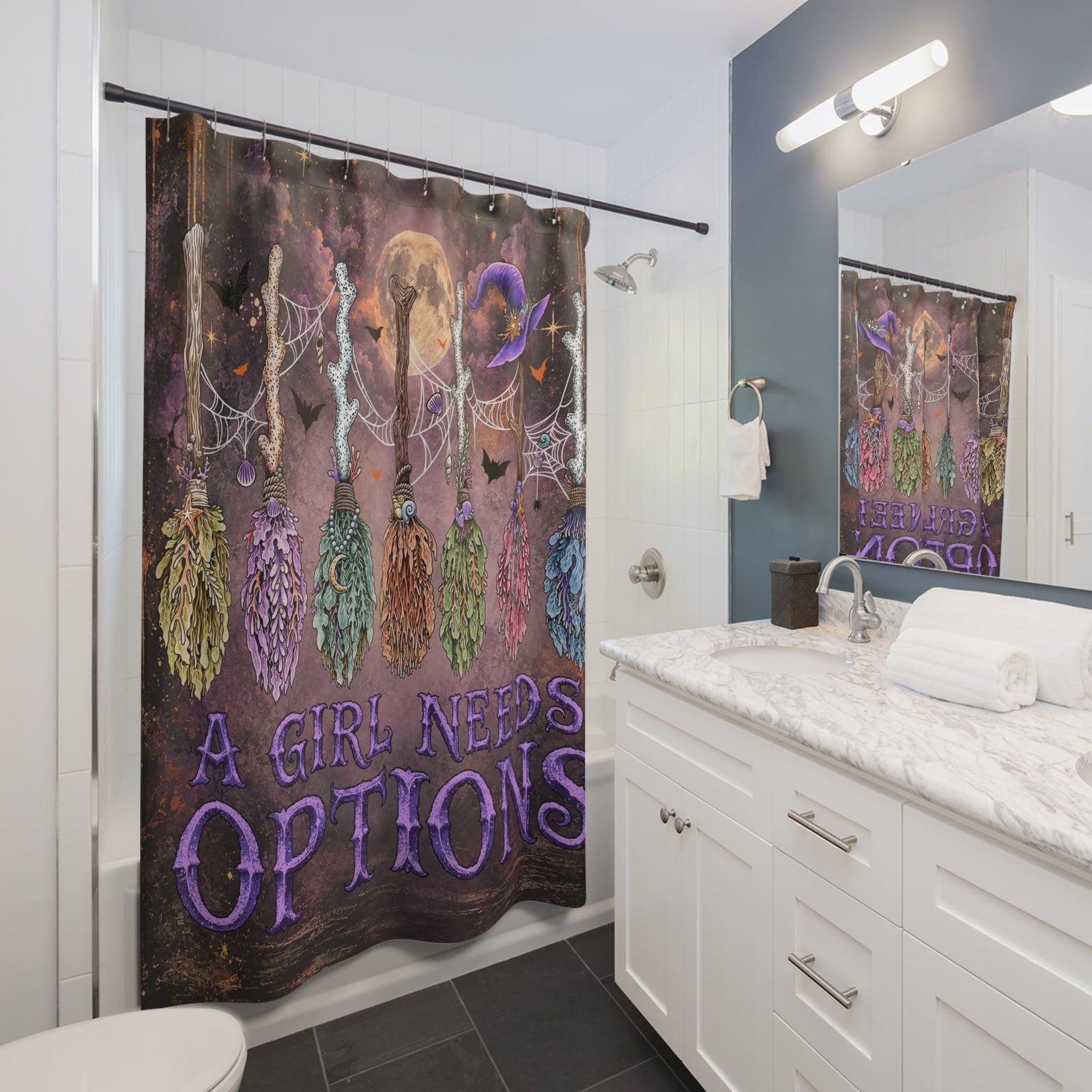 Mountains & Mermaids A Girl Needs Options Shower Curtain 71" × 74" 30820510995582705182