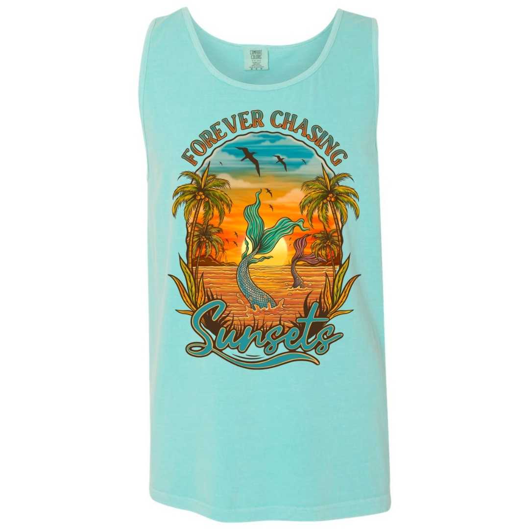 Mountains & Mermaids Chasing Sunsets Boyfriend Tank (Chalky Mint) Small