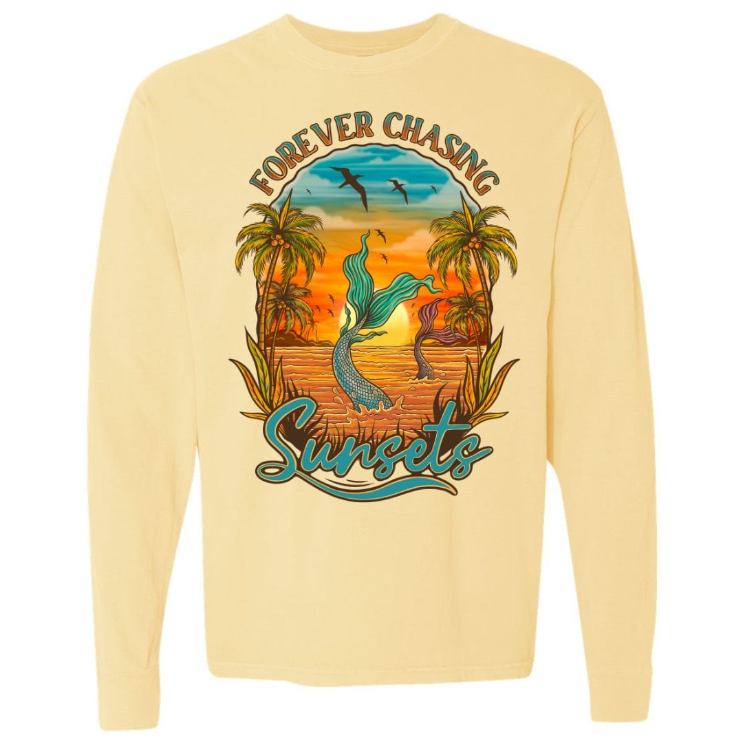 Mountains & Mermaids Chasing Sunsets Long Sleeve T-Shirt (Butter) Small