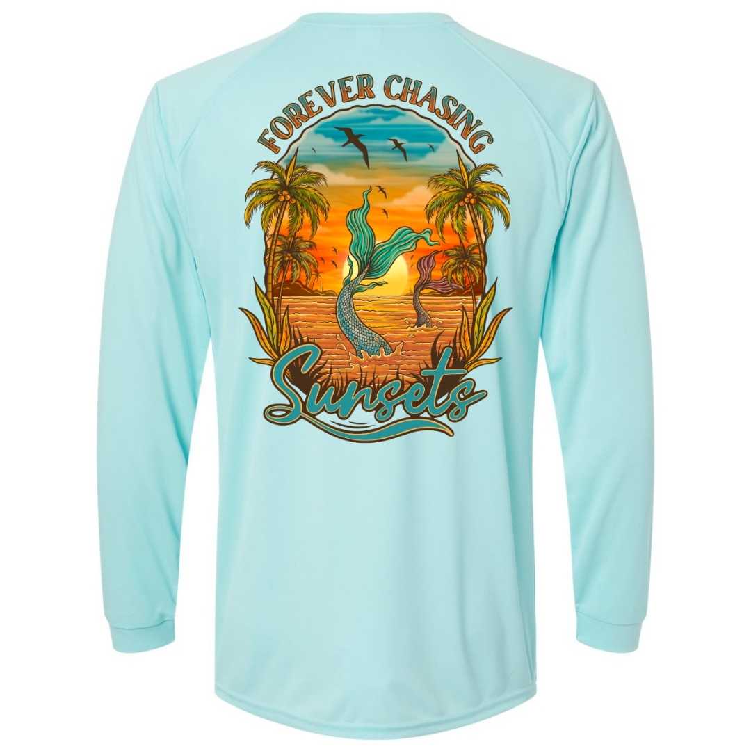 Mountains & Mermaids Chasing Sunsets Performance Sun Shirt (Aqua) Small