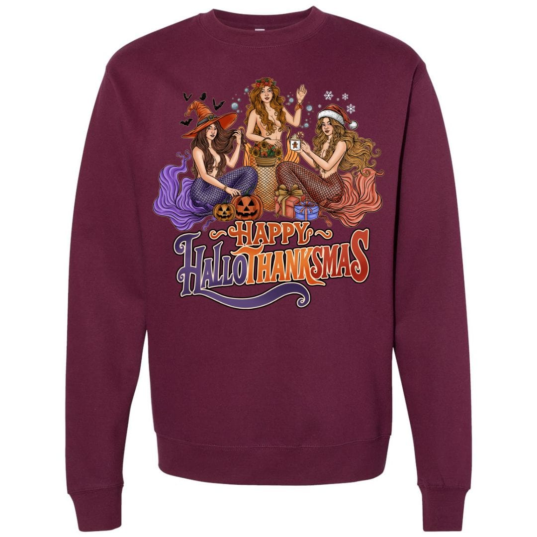 Mountains & Mermaids Happy HalloThanksMas Mermaids Crewneck Sweatshirt (Cranberry) Small