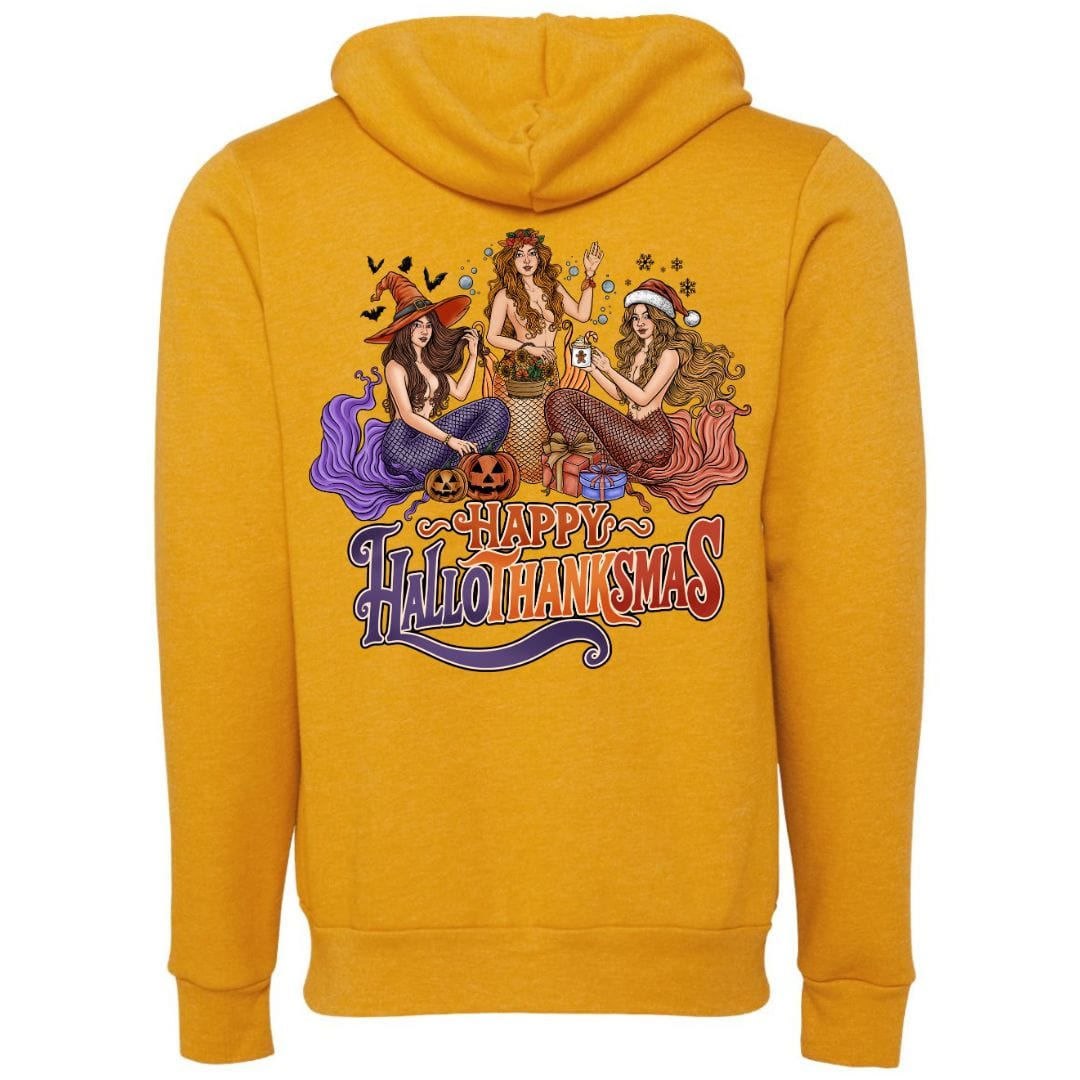 Mountains & Mermaids Happy HalloThanksMas Mermaids Full Zip Fleece Hoodie (Marigold) S