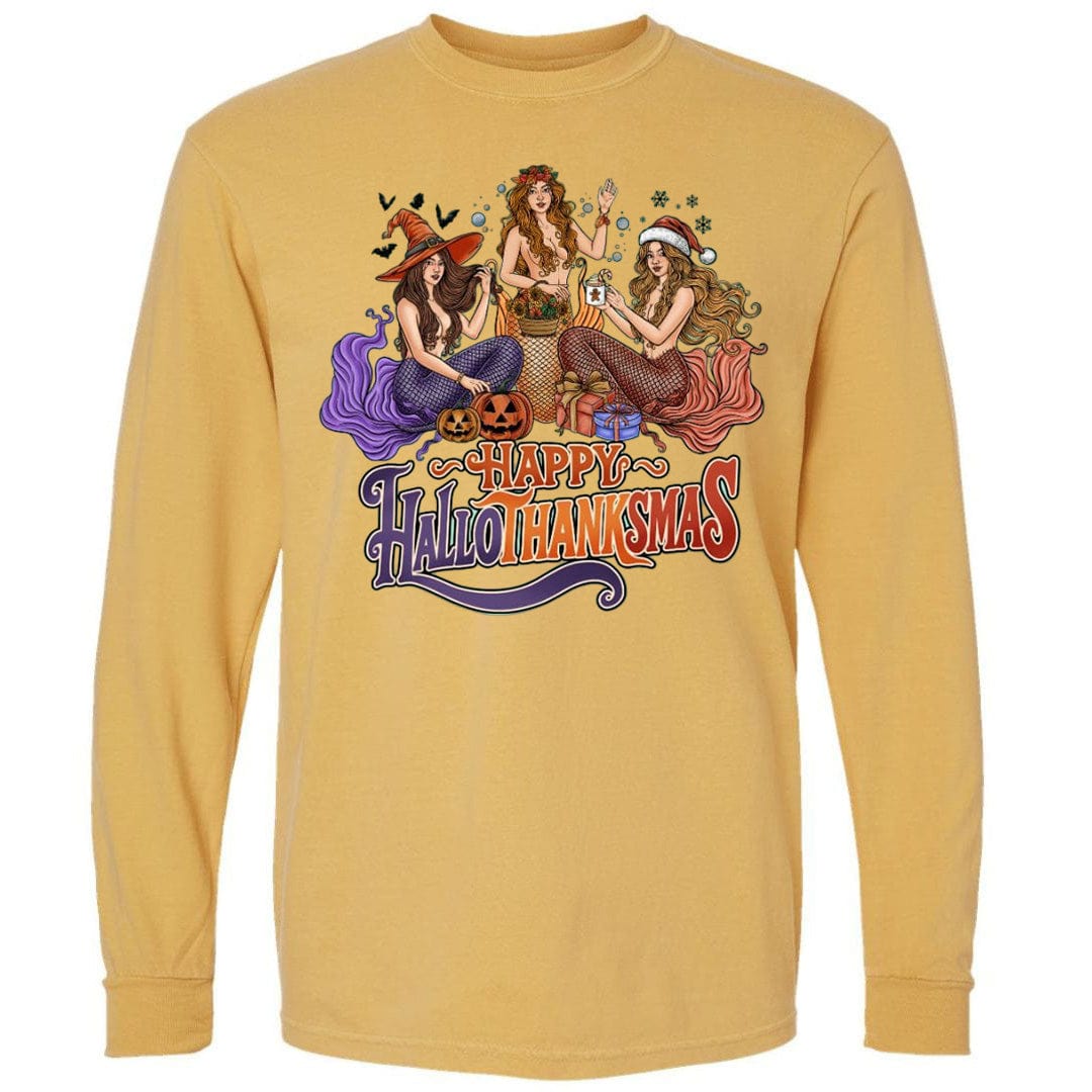 Mountains & Mermaids Happy HalloThanksMas Mermaids Long Sleeve T-Shirt (Marigold) Small