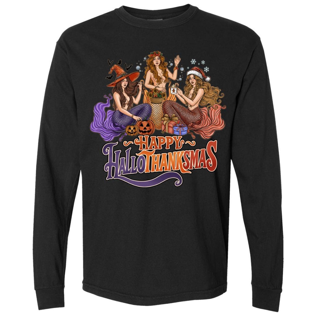 Mountains & Mermaids Happy HalloThanksMas Mermaids Long Sleeve T-Shirt Small / Black