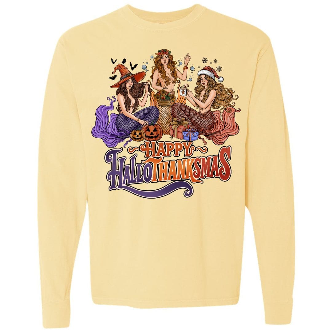 Mountains & Mermaids Happy HalloThanksMas Mermaids Long Sleeve T-Shirt Small / Butter