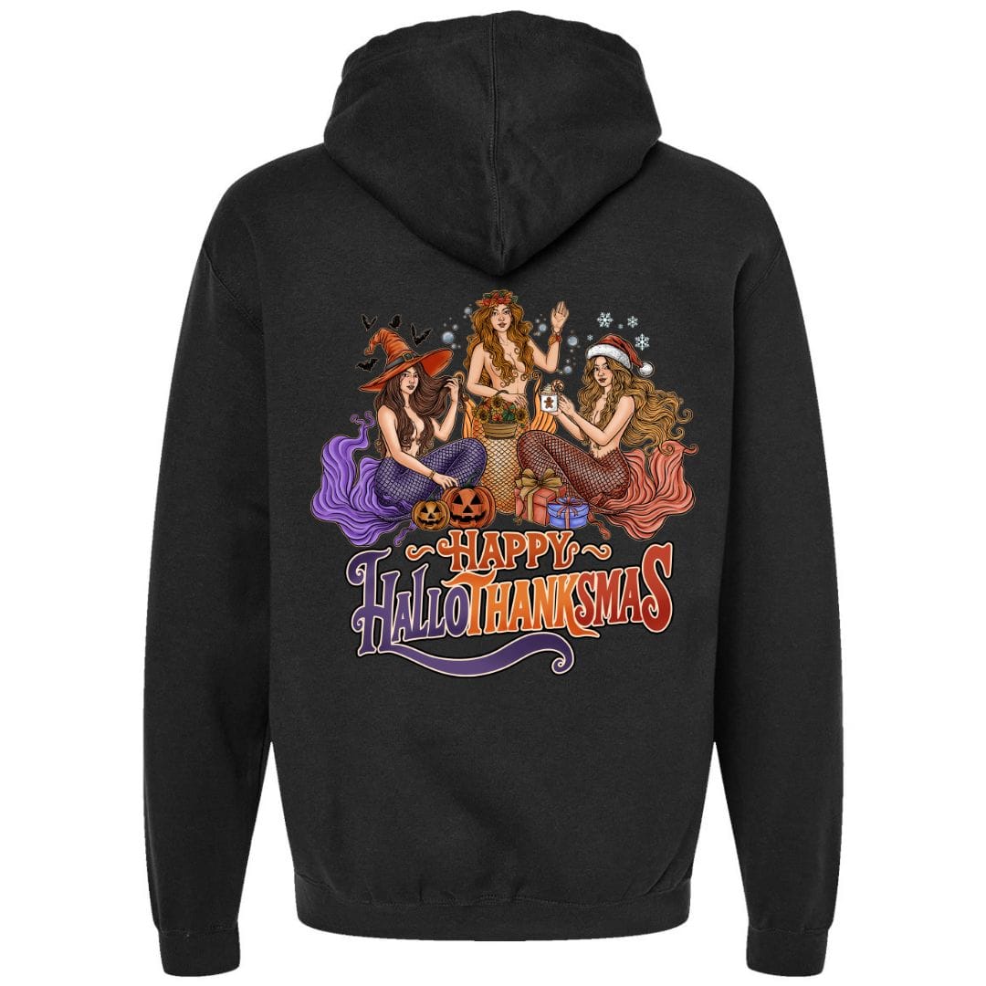 Mountains & Mermaids Happy HalloThanksMas Pullover Hoodie Small / Black