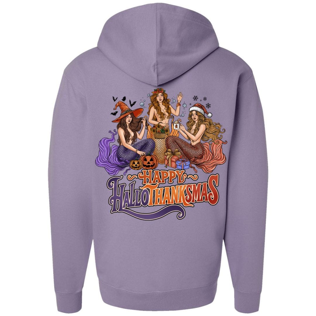 Mountains & Mermaids Happy HalloThanksMas Pullover Hoodie Small / Plum