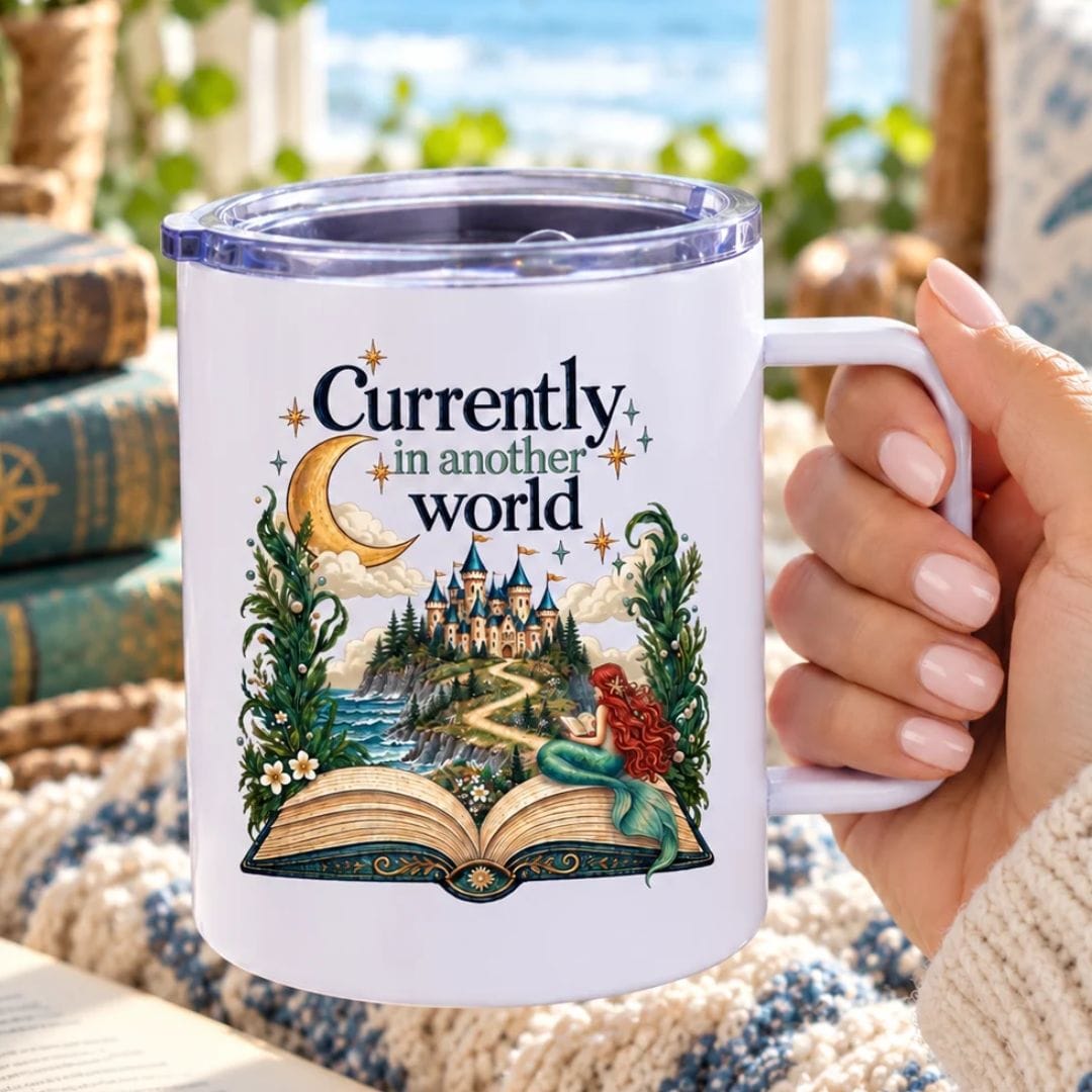 Mountains & Mermaids In Another World Fantasy Book Travel Mug