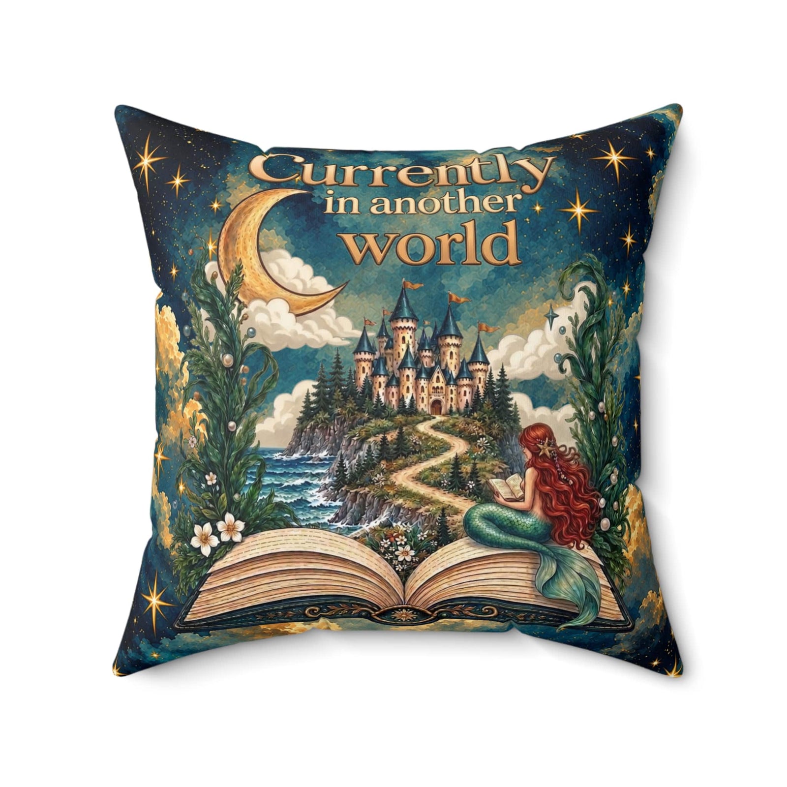 Mountains & Mermaids In Another World Throw Pillow