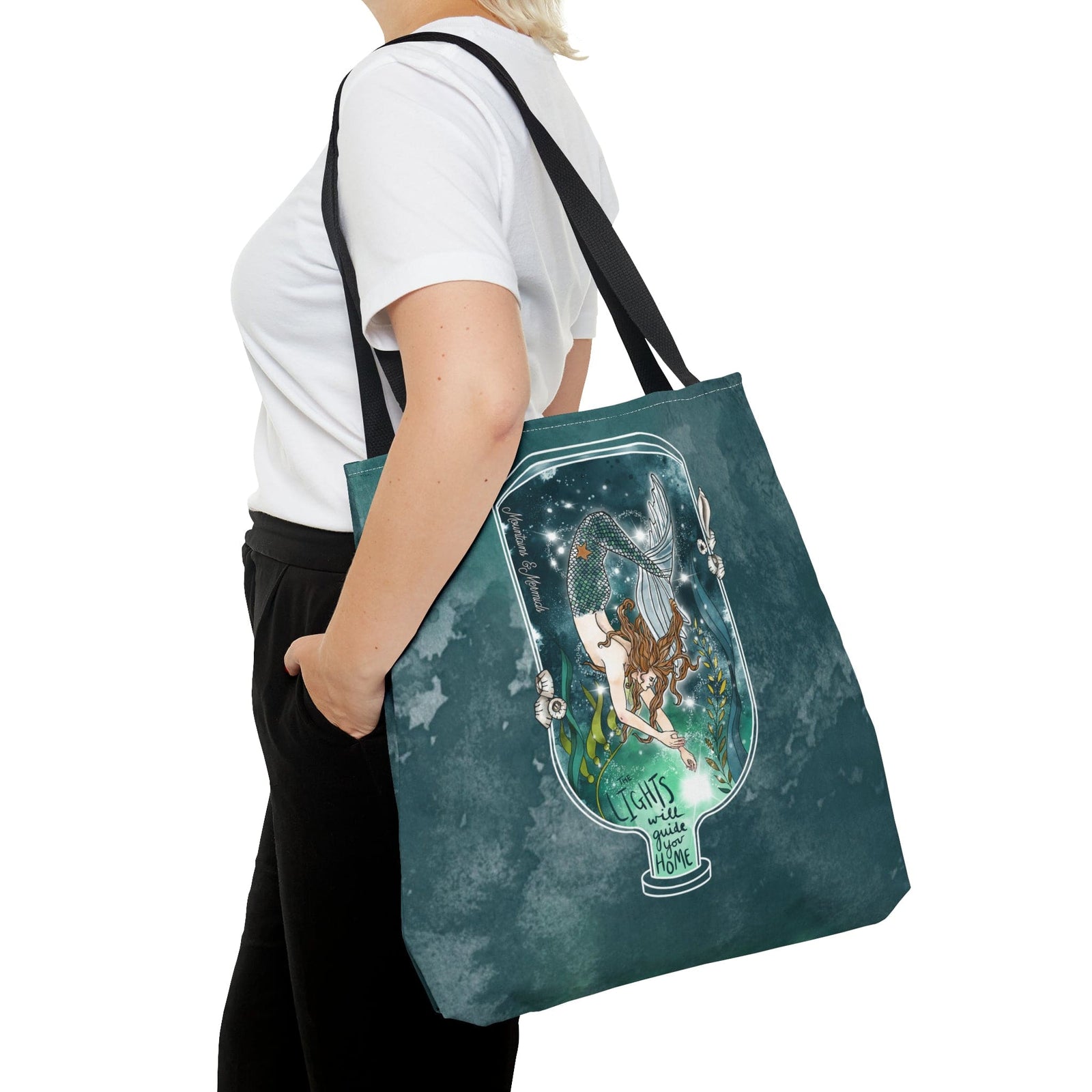 Mountains & Mermaids Luminary Mermaid Tote Bag 18" × 18'' / Black 19834869005857089836