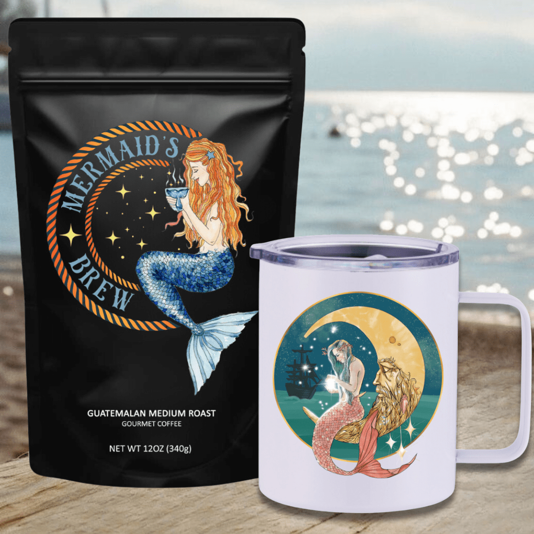 Mountains & Mermaids Mermaid's Brew Guatemalan Medium Roast Travel Coffee Bundle Mermaid In The Moon Insulated Travel Mug / Ground MM3308