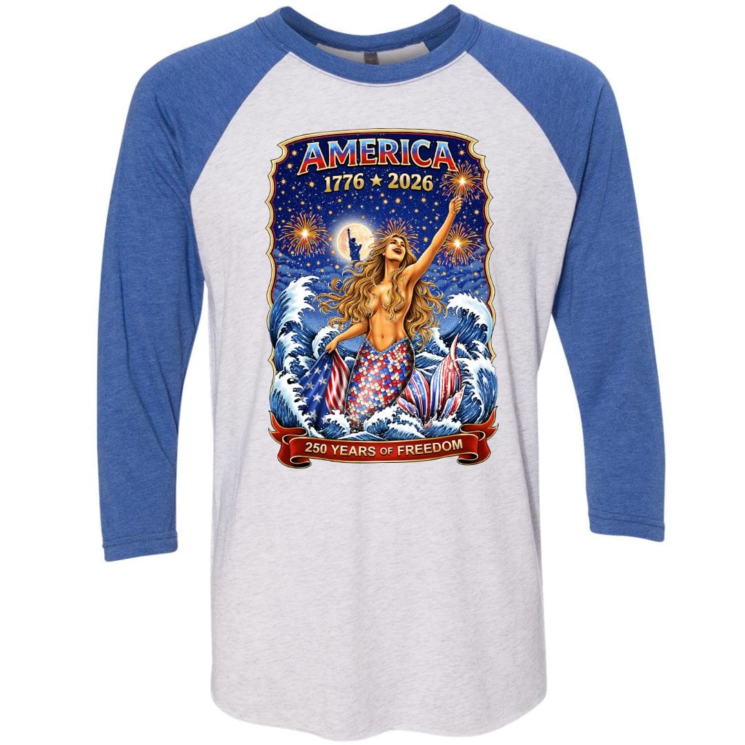 Mountains & Mermaids Star Spangled Mermaid (America 250) Baseball T-Shirt Small / Vintage Blue