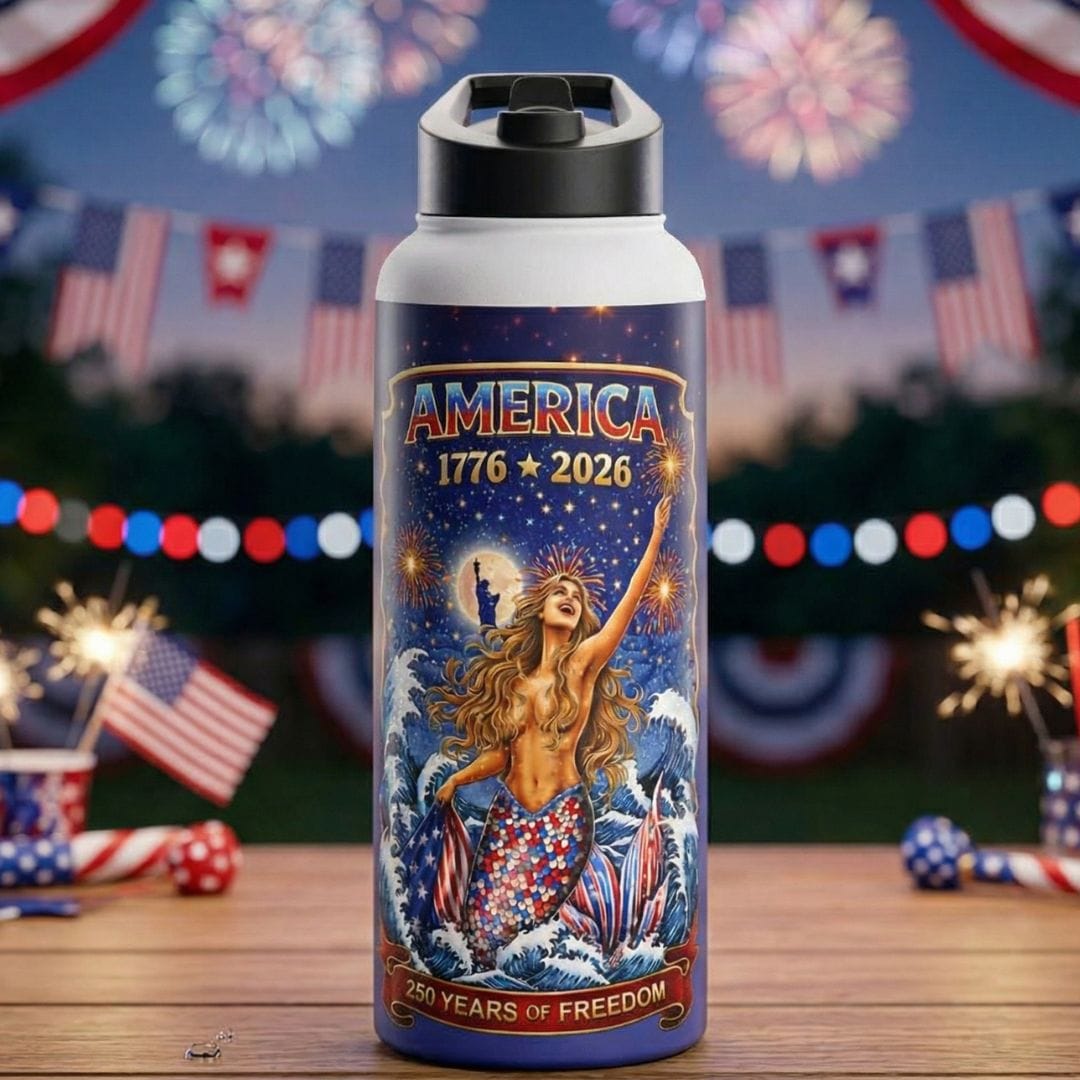 Mountains & Mermaids Star Spangled Mermaid America 250 Stainless-Steel Water Bottle 32oz / White 26548971258728571062
