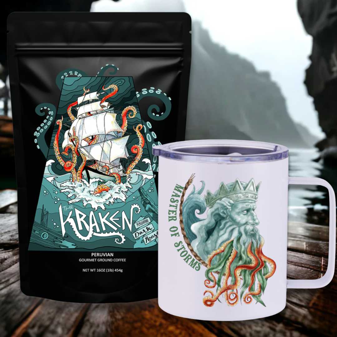 Mountains & Mermaids The Kraken Peruvian Dark Roast Travel Coffee Bundle Poseidon Insulated Travel Mug / Ground MM3465