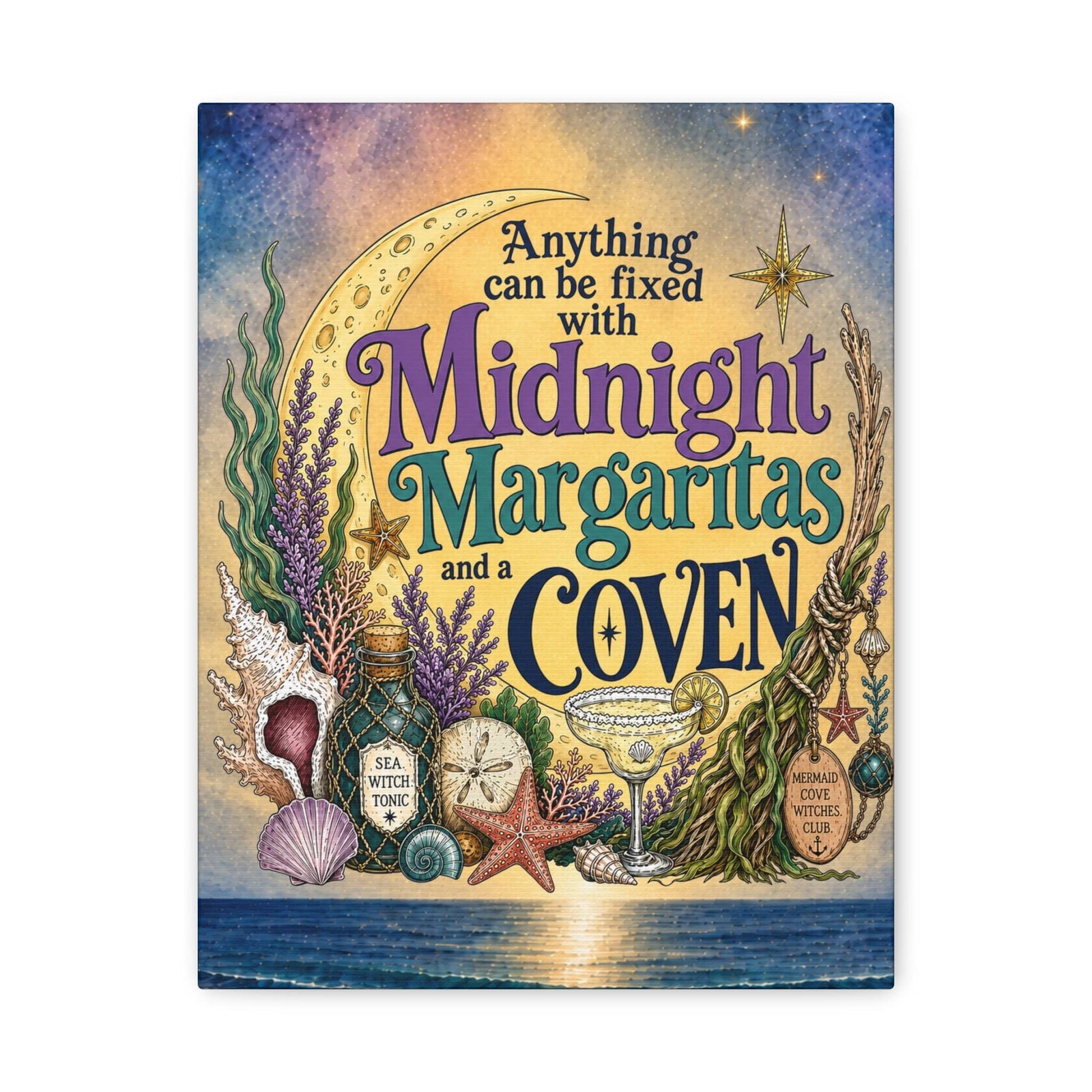 Mountains & Mermaids The Mermaid Coven (Moonlit Ocean) Canvas Wall Art 11″ x 14″ (Vertical) / 1.25" 14307922673214867724
