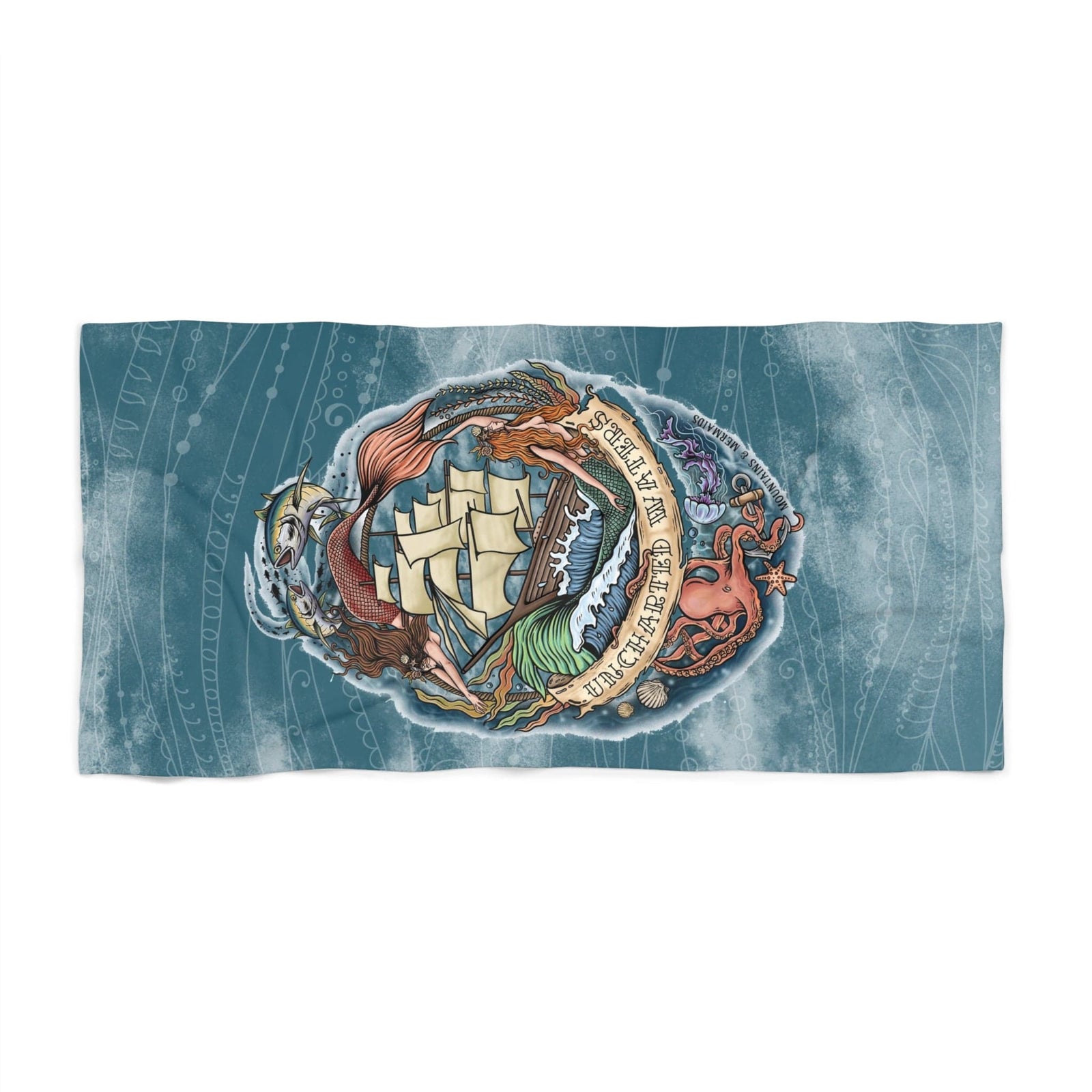 Mountains & Mermaids Uncharted Waters Beach Towel 36" × 72" 33321089616454695647