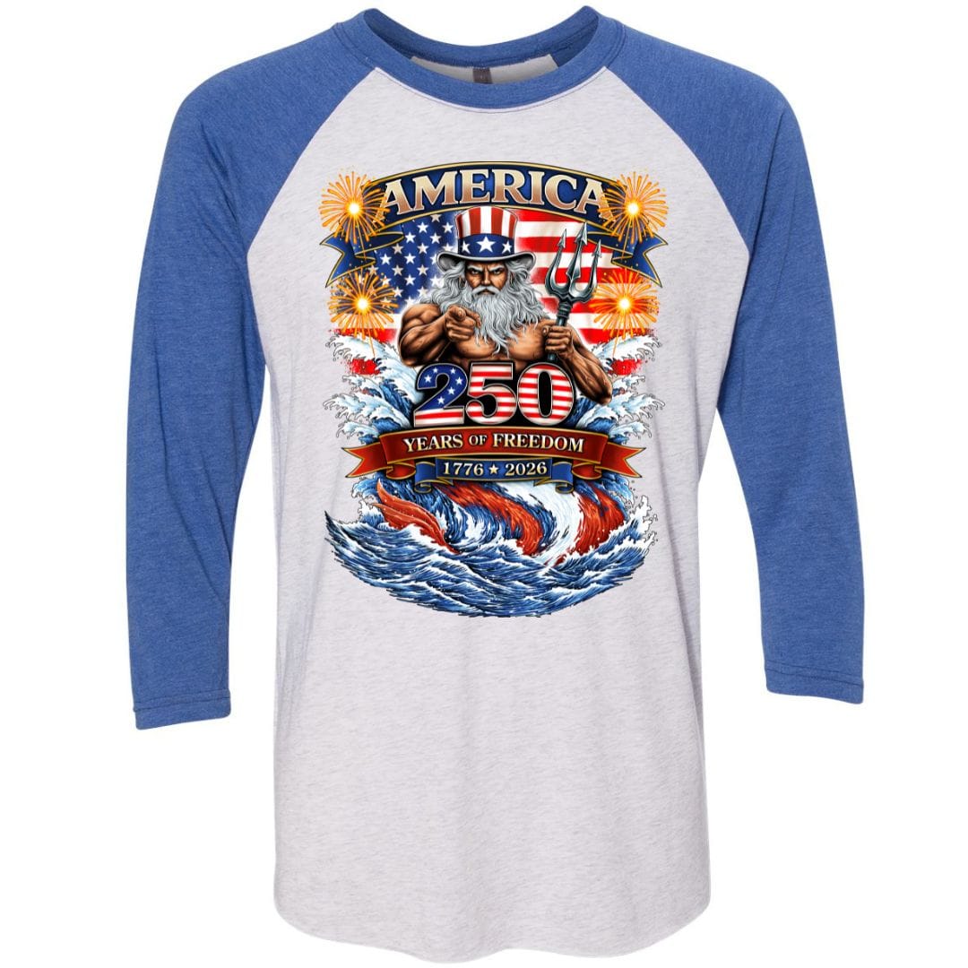 Mountains & Mermaids Uncle Poseidon (America 250) Baseball T-Shirt Small / Vintage Blue
