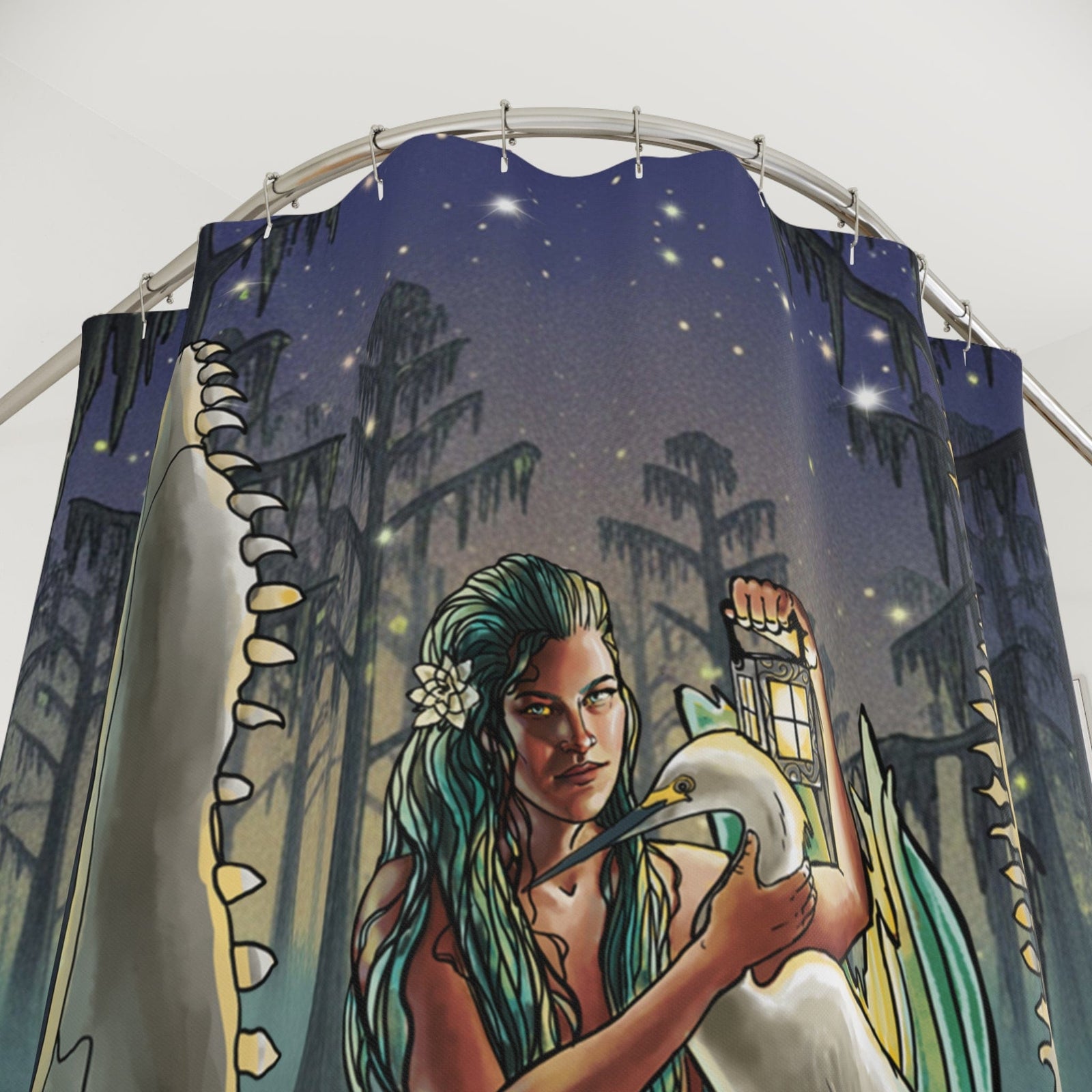 Printify Bayou Mermaid Shower Curtain — Gothic Swamp Night Bath Decor 71" × 74" 19096067014497527147