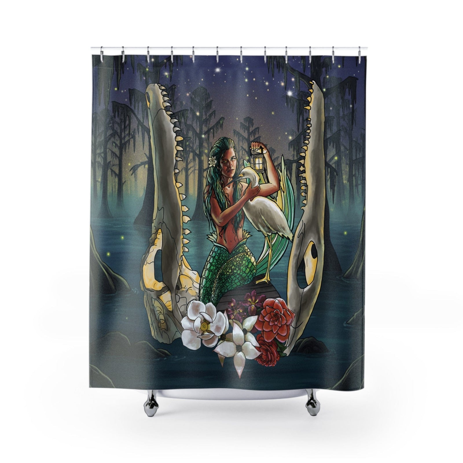 Printify Bayou Mermaid Shower Curtain — Gothic Swamp Night Bath Decor 71" × 74" 19096067014497527147