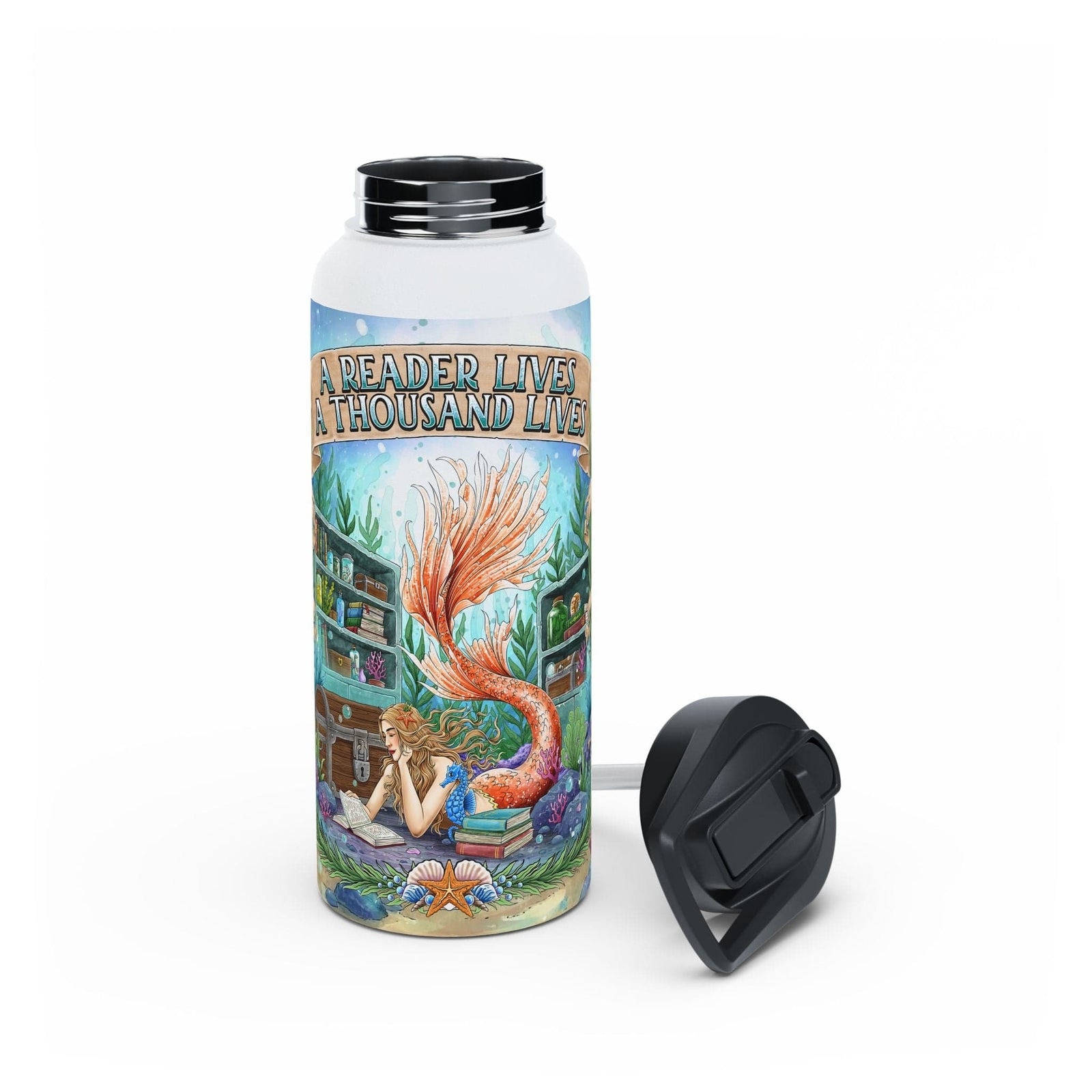 Printify Bookish Mermaid 32 oz Water Bottle 32oz / White 28483974678072935321
