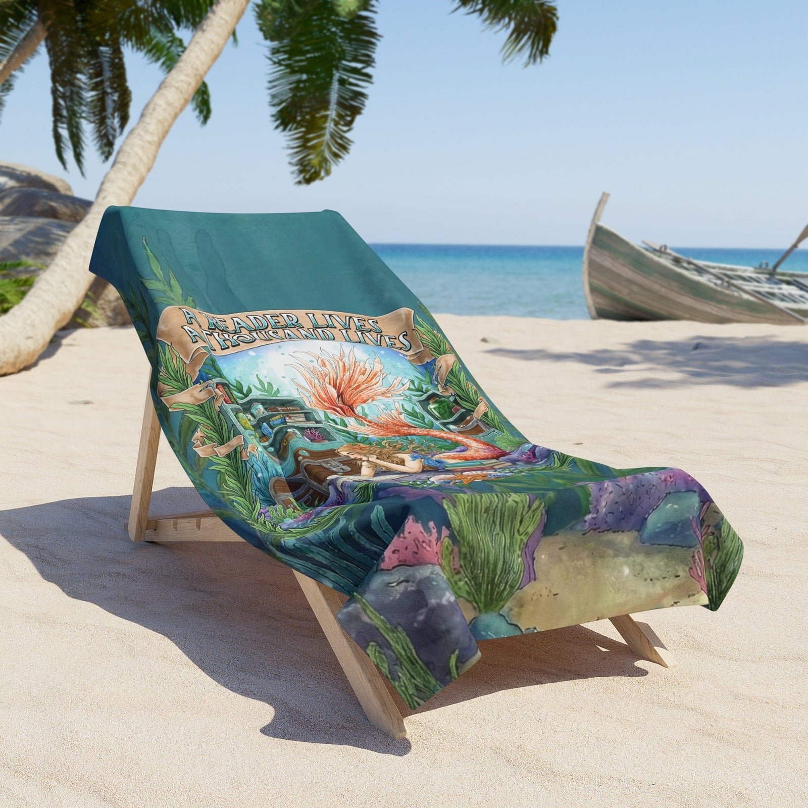 Printify Bookish Mermaid Beach Towel 36" × 72" 17776590111940488350