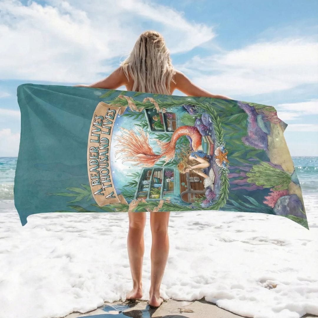 Printify Bookish Mermaid Beach Towel 36" × 72" 17776590111940488350