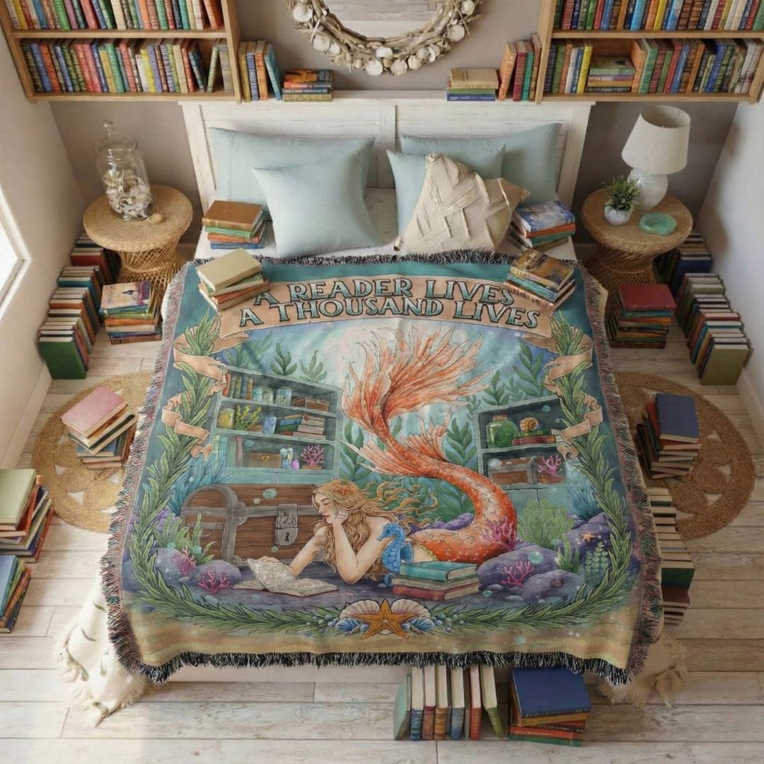 Printify Bookish Mermaid Woven Blanket