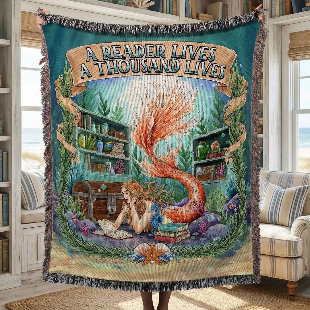 Printify Bookish Mermaid Woven Blanket