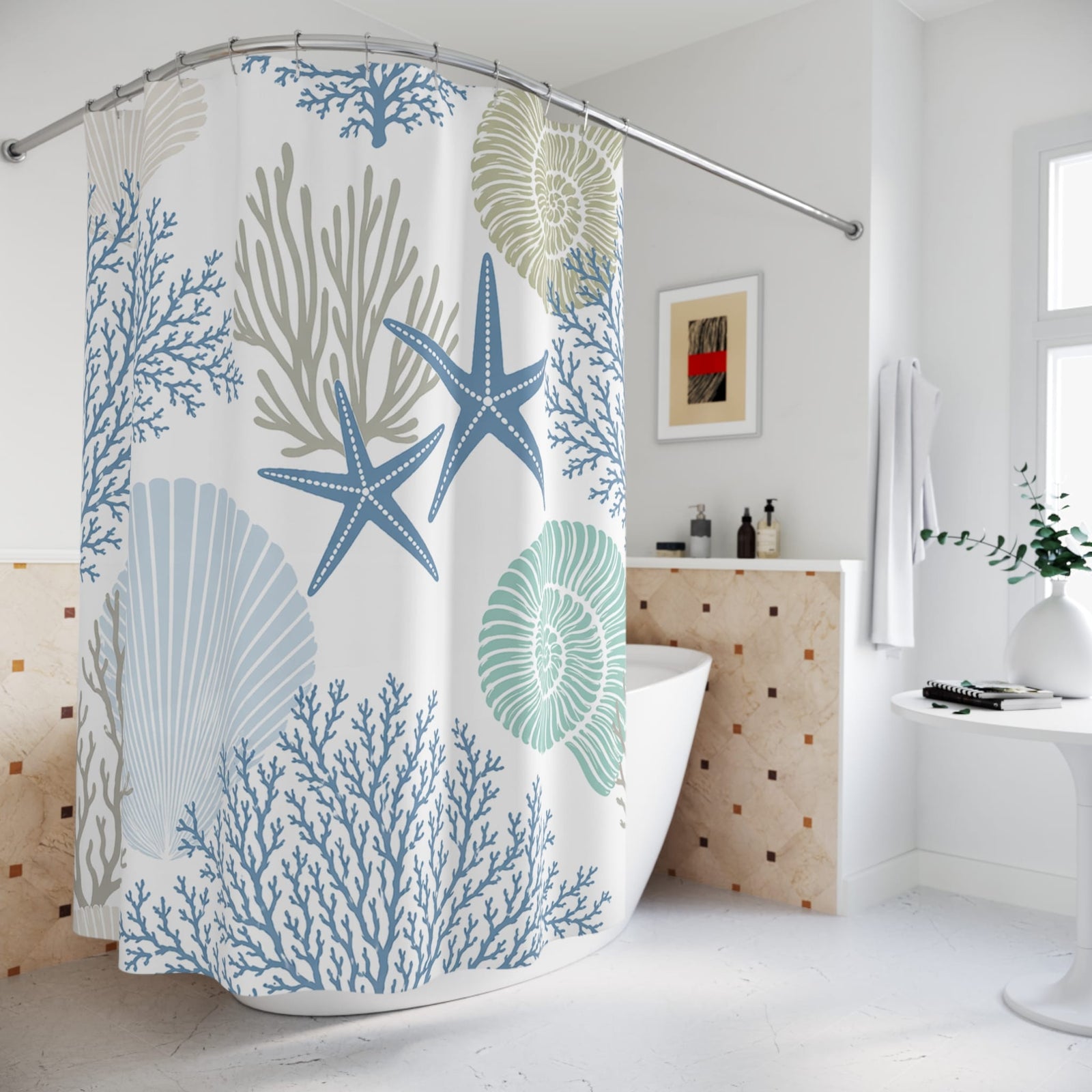 Printify Coastal Seashell & Starfish Bathroom Shower Curtain 71" × 74" 71812264159432574411