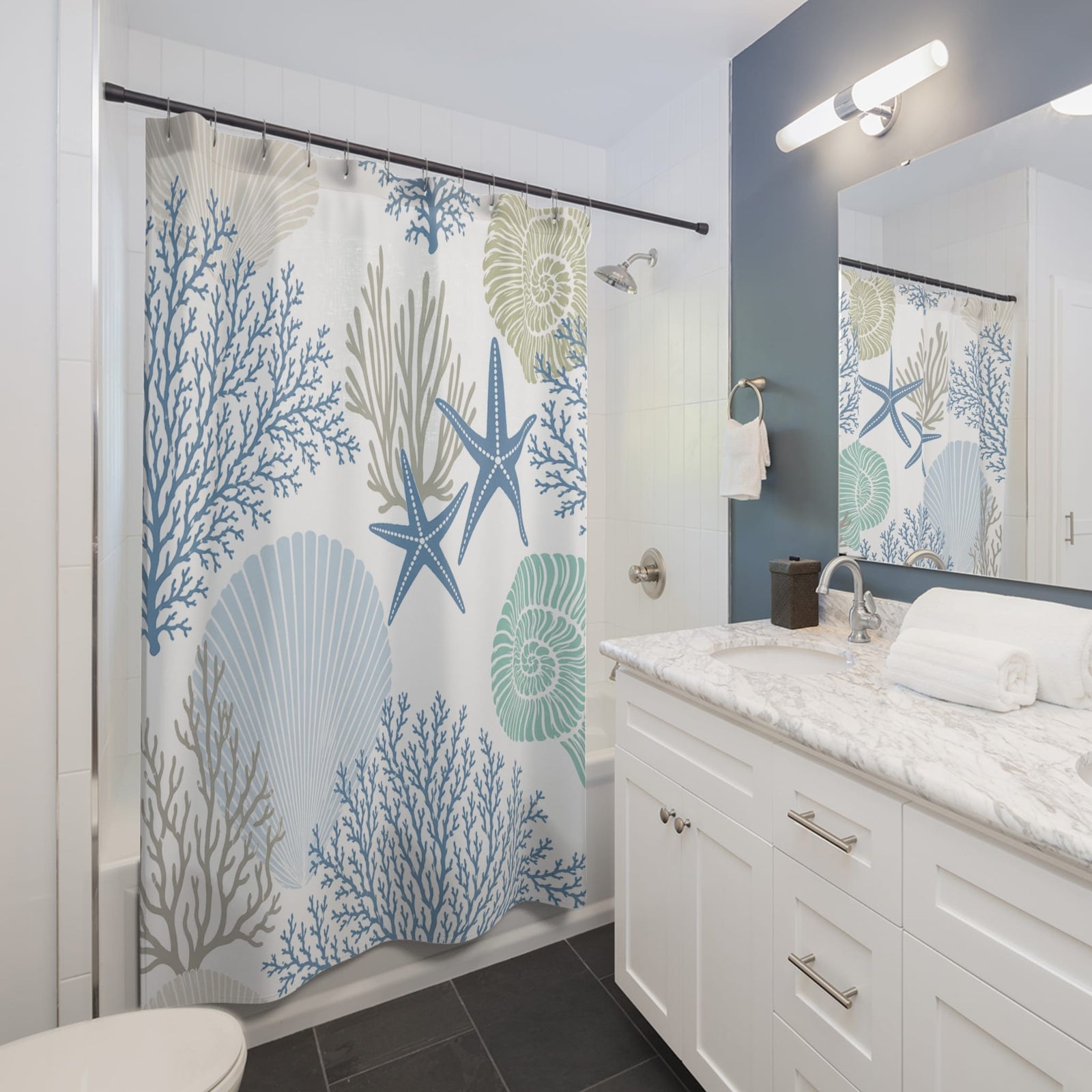 Printify Coastal Seashell & Starfish Bathroom Shower Curtain 71" × 74" 71812264159432574411