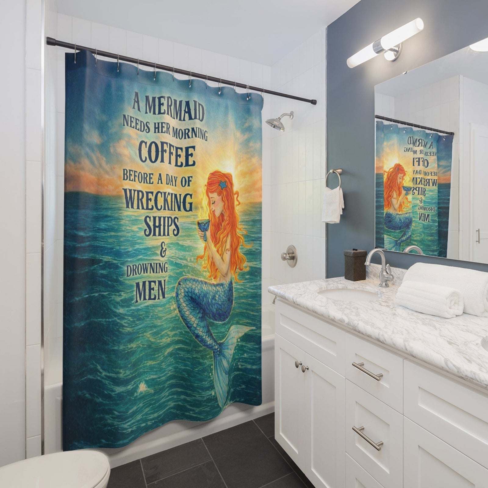 Printify Mermaid Brew Shower Curtain 71" × 74" 34016125858694046948