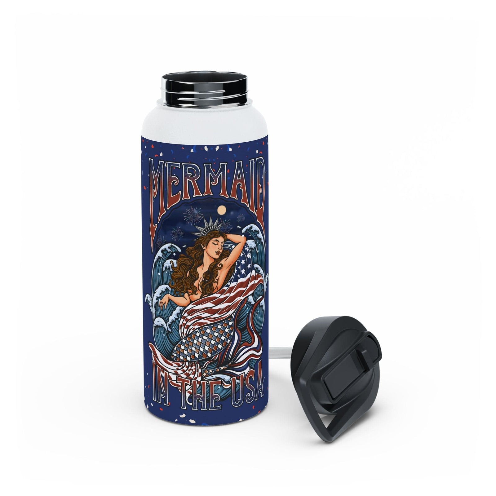 Printify Mermaid in the USA 32oz Stainless Steel Water Bottle 32oz / White 21673586609865962900