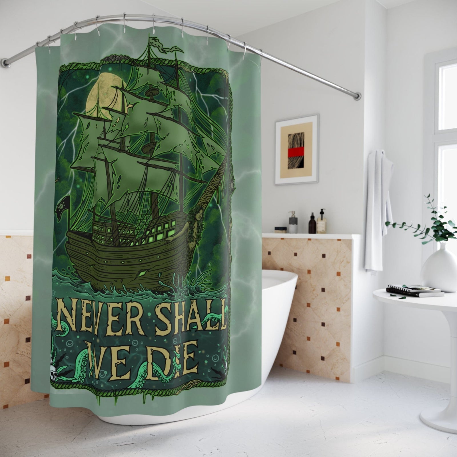 Printify Never Shall We Die Ghost Ship Shower Curtain 71" × 74" 14059786174961572907