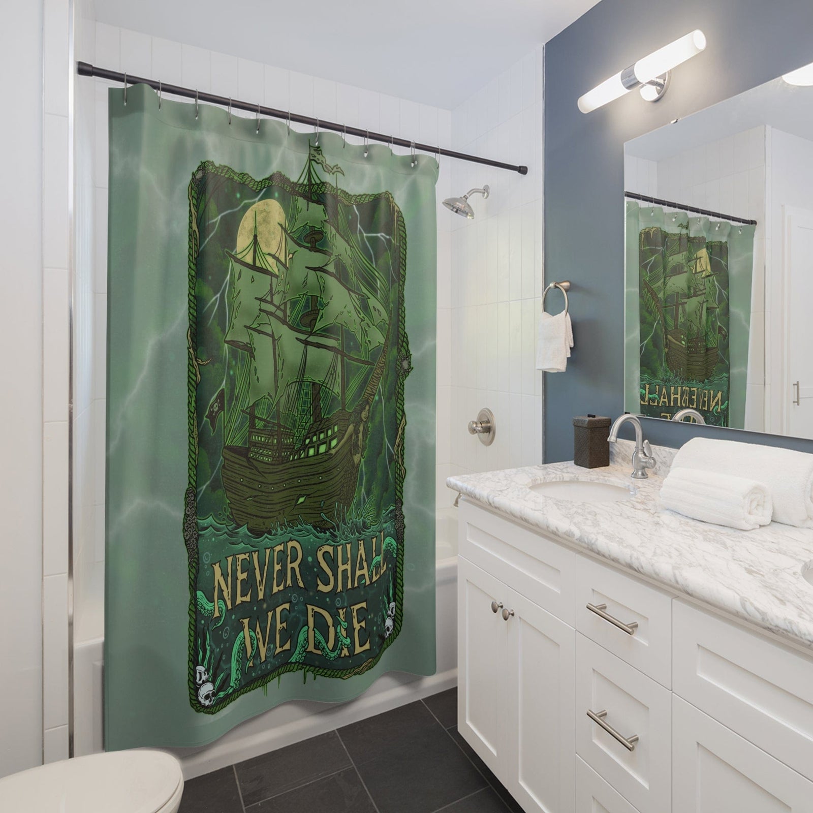 Printify Never Shall We Die Ghost Ship Shower Curtain 71" × 74" 14059786174961572907