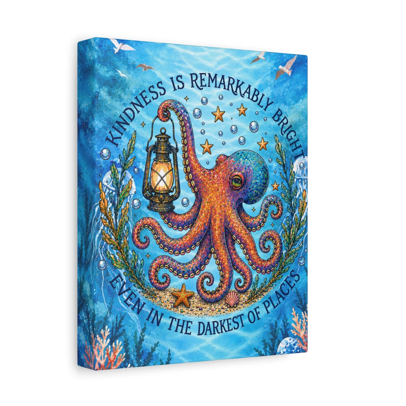Printify Octopus Lantern Canvas Wall Art – "Kindness is Remarkably Bright" Inspirational Ocean Print 8" x 10" (Vertical) / 1.25" 54466606987663188498
