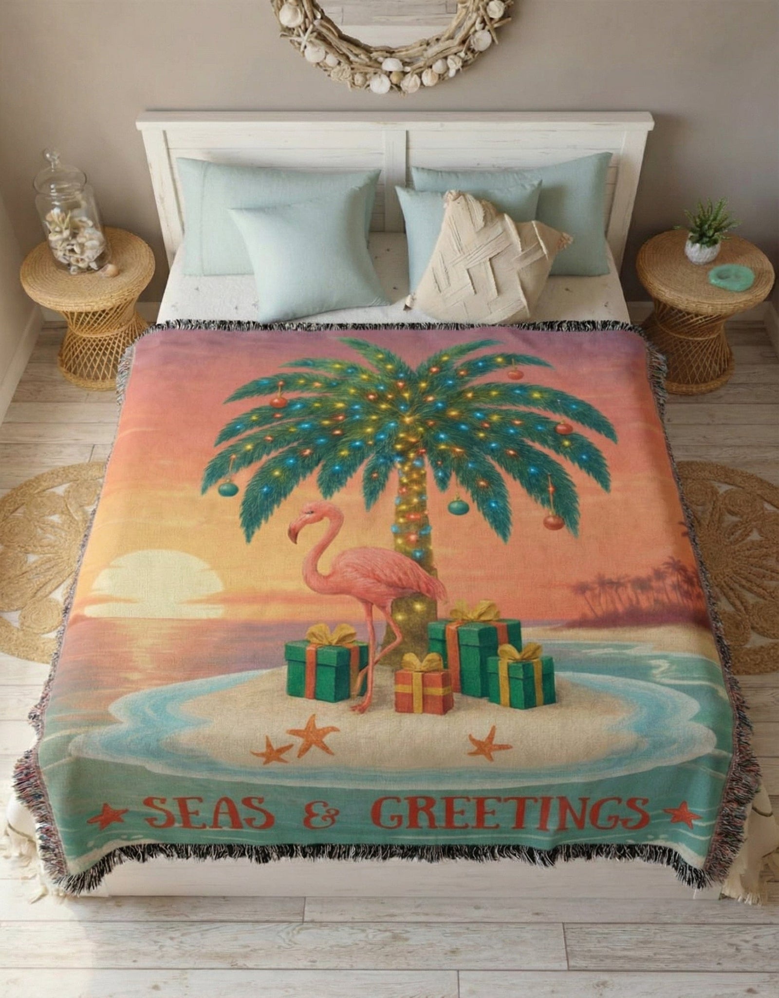 Printify Seas & Greetings Tropical Christmas Woven Blanket