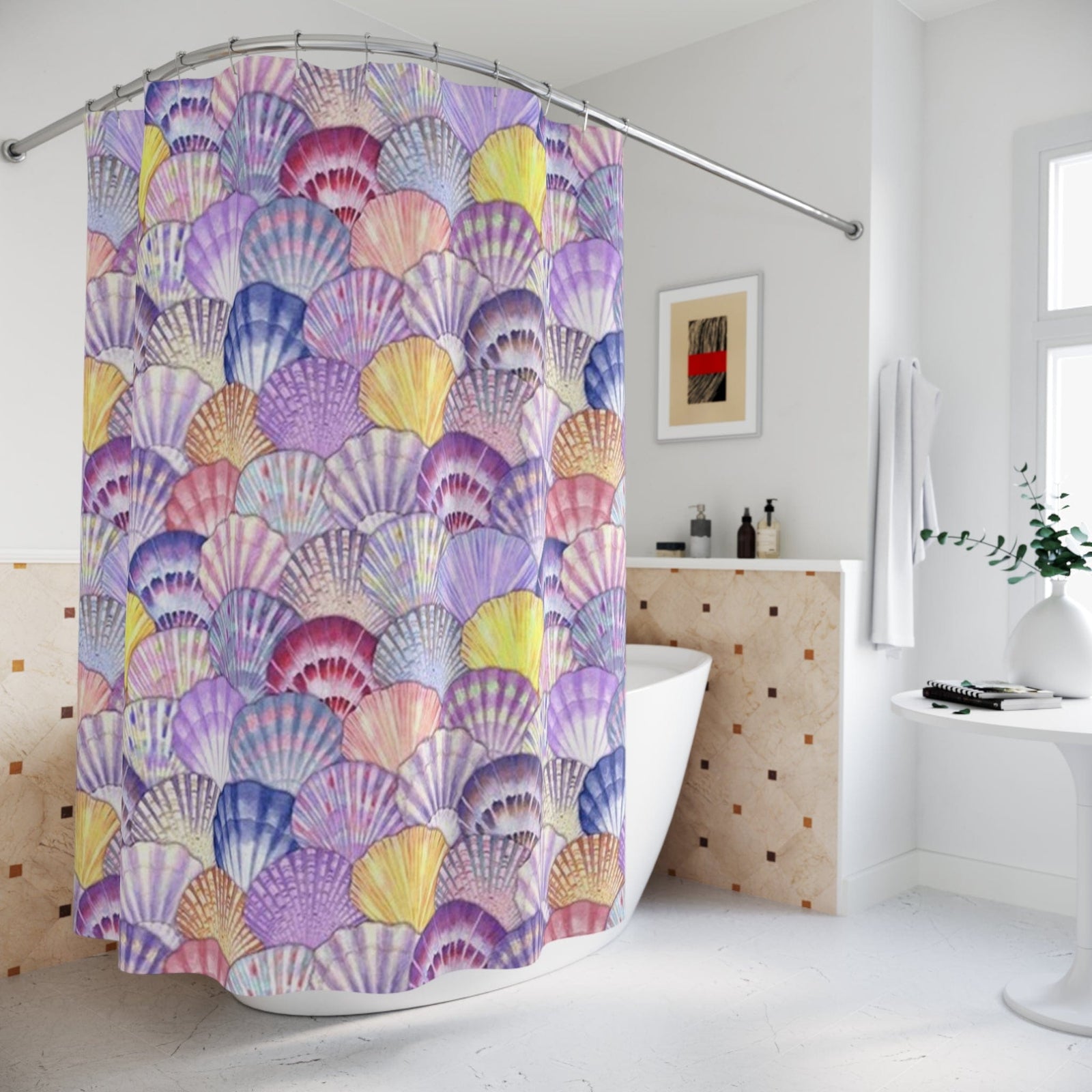 Printify Seashell Watercolor Shower Curtain – Pastel Mermaid Beach Bathroom Decor 71" × 74" 27923626271903472560