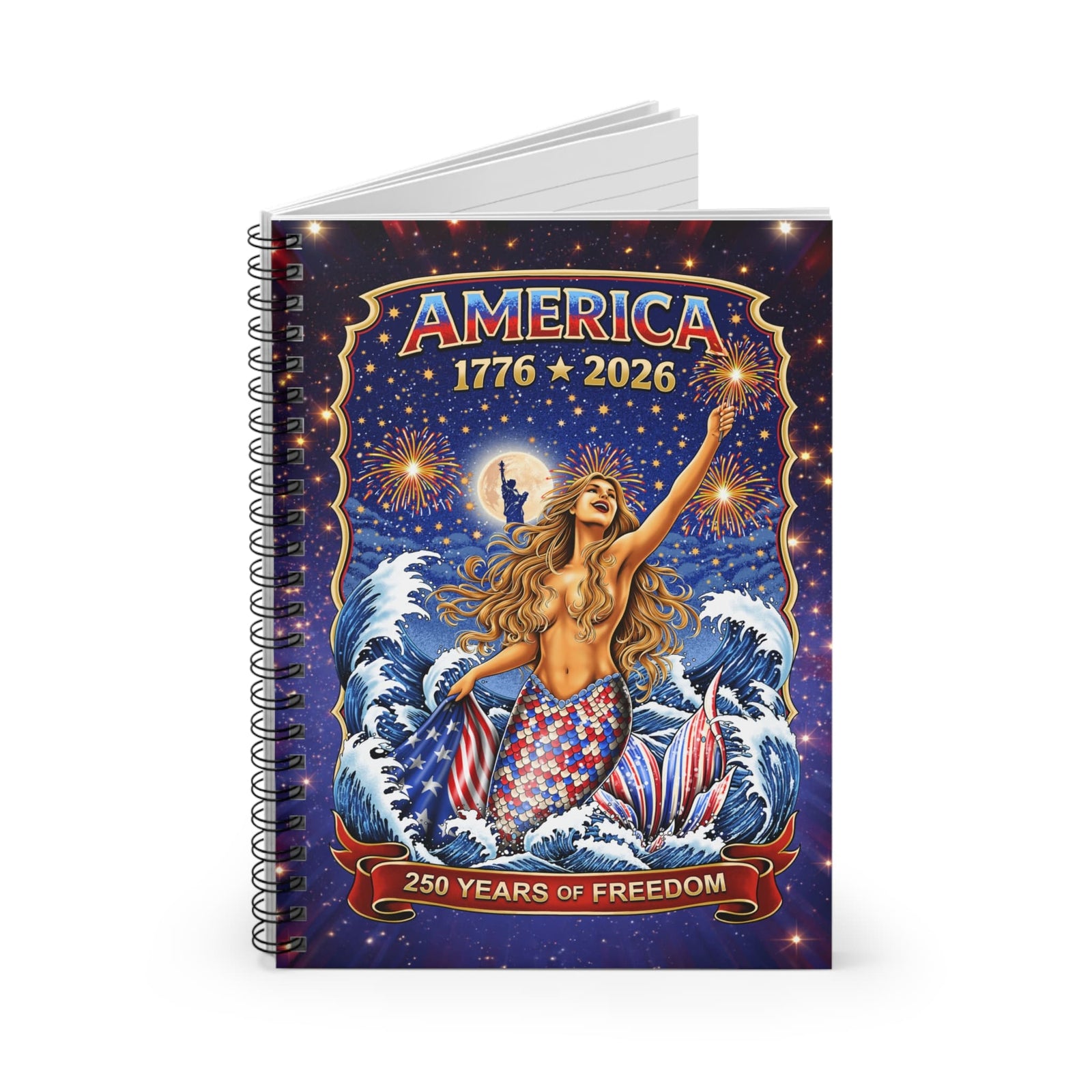 Printify Star Spangled Mermaid 250 Years Spiral Notebook One Size 58465498005837291032