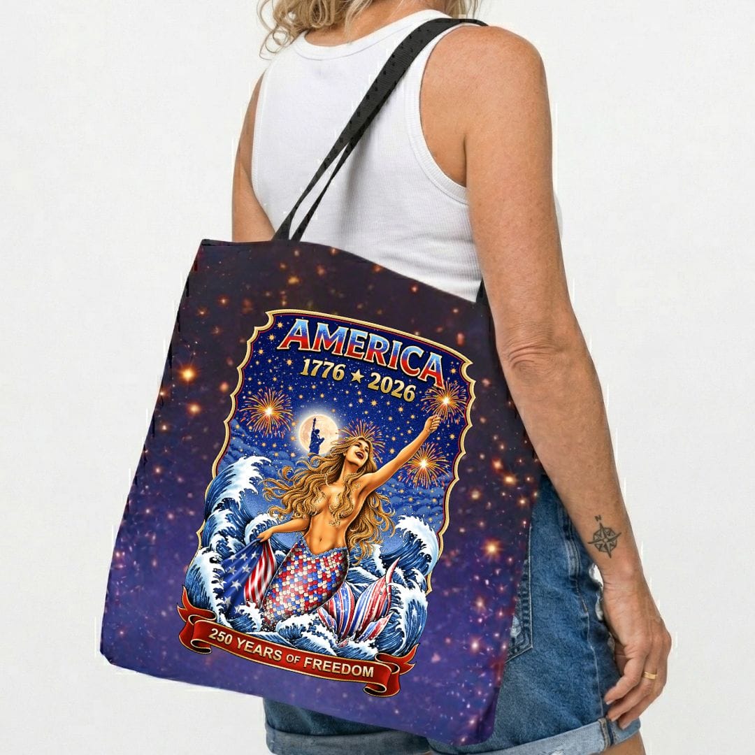 Printify Star Spangled Mermaid 250 Years Tote Bag 18" × 18'' / Black 24483326924608418423