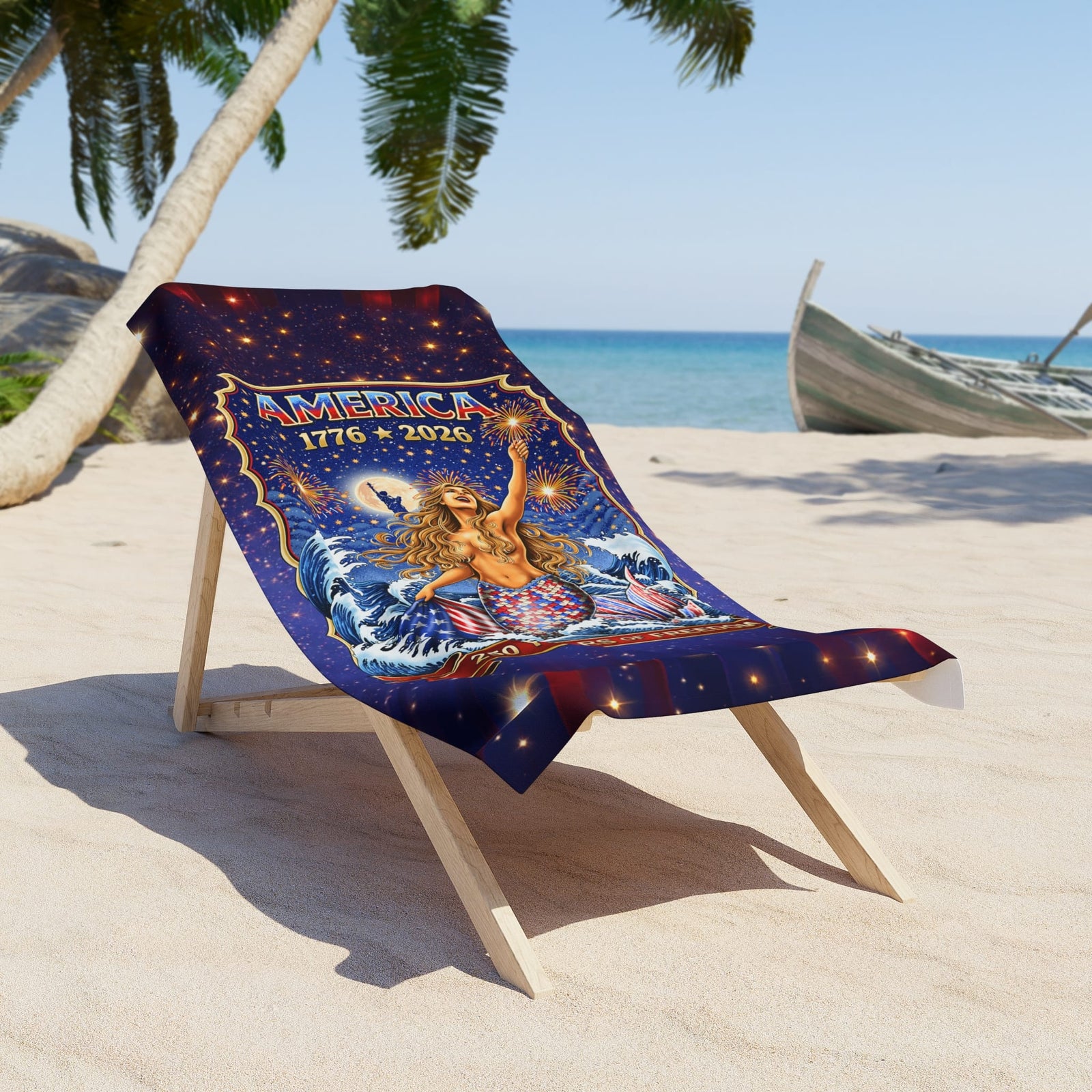 Printify Star Spangled Mermaid America 250 Beach Towel 30" × 60" 23477642071174344070