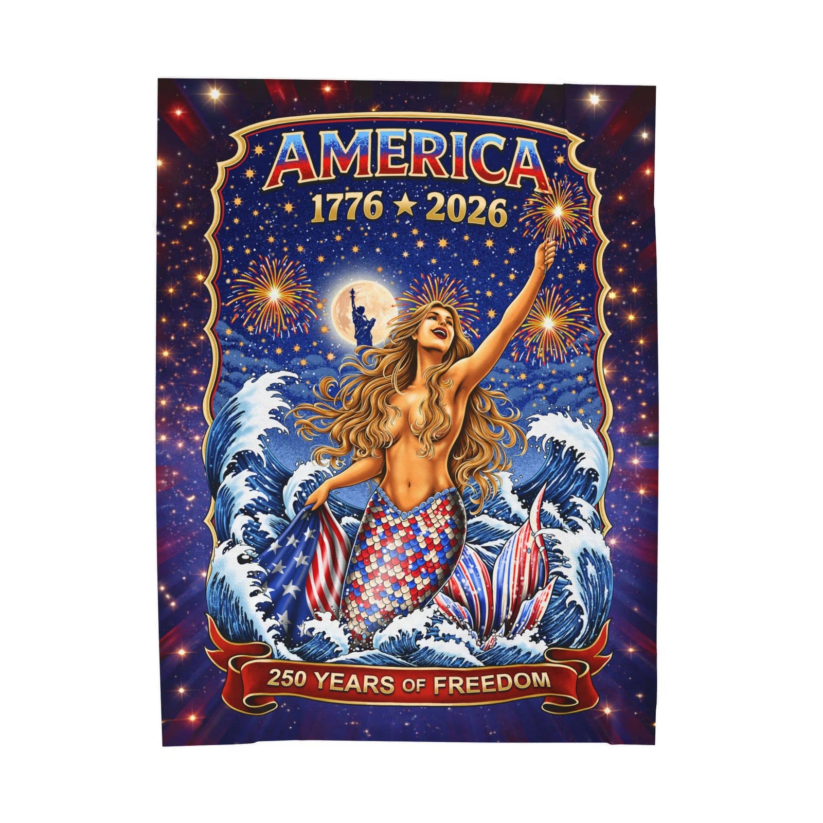 Printify Star-Spangled Mermaid America 250 Plush Blanket 60" × 80" 69142404118866432898