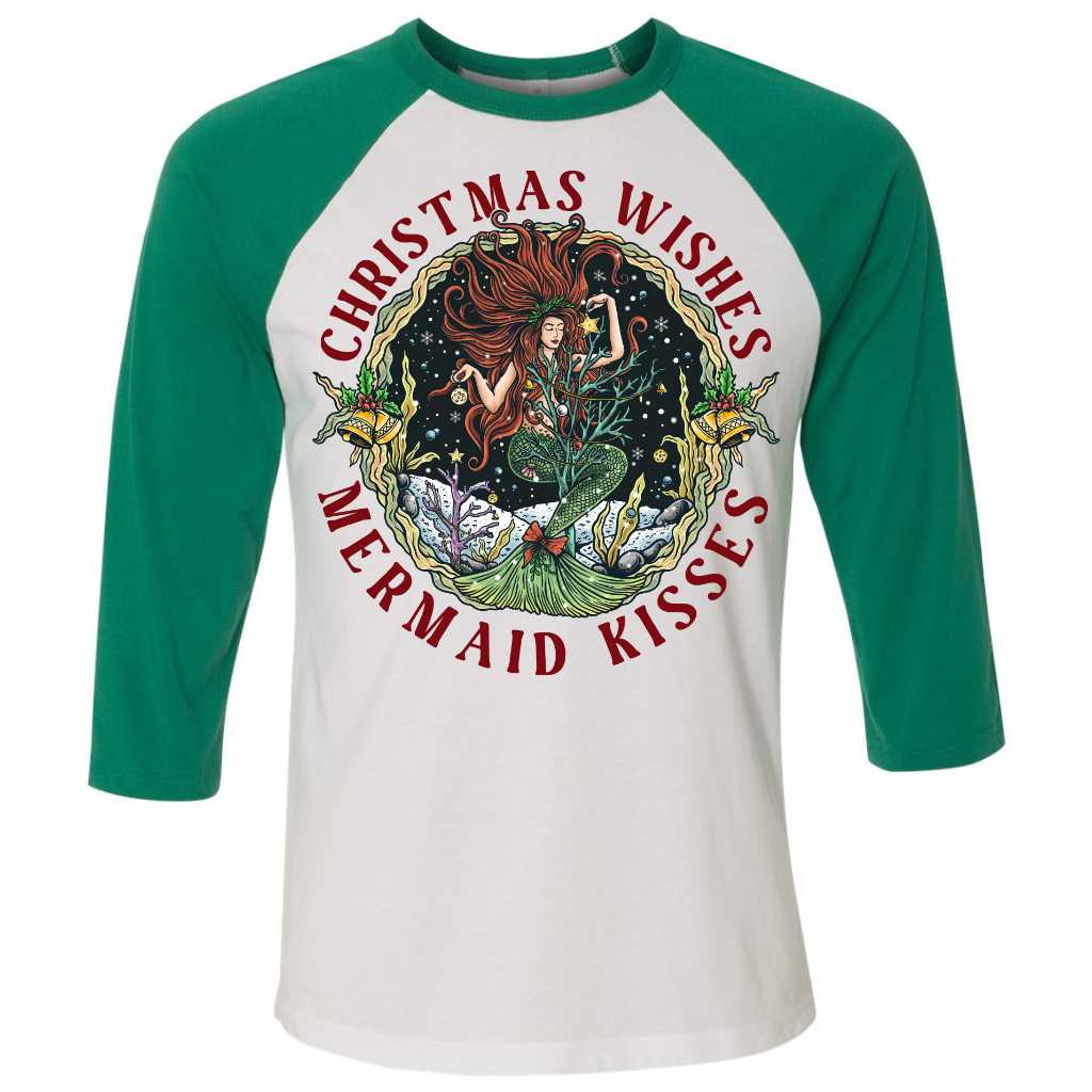 Christmas Mermaid Baseball T-Shirt (Green)