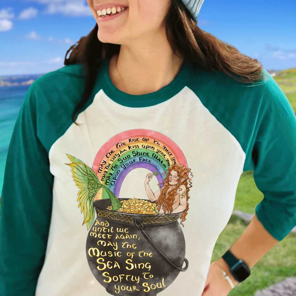Celtic Mermaid Baseball T-Shirt - White & Green - Mountains & Mermaids