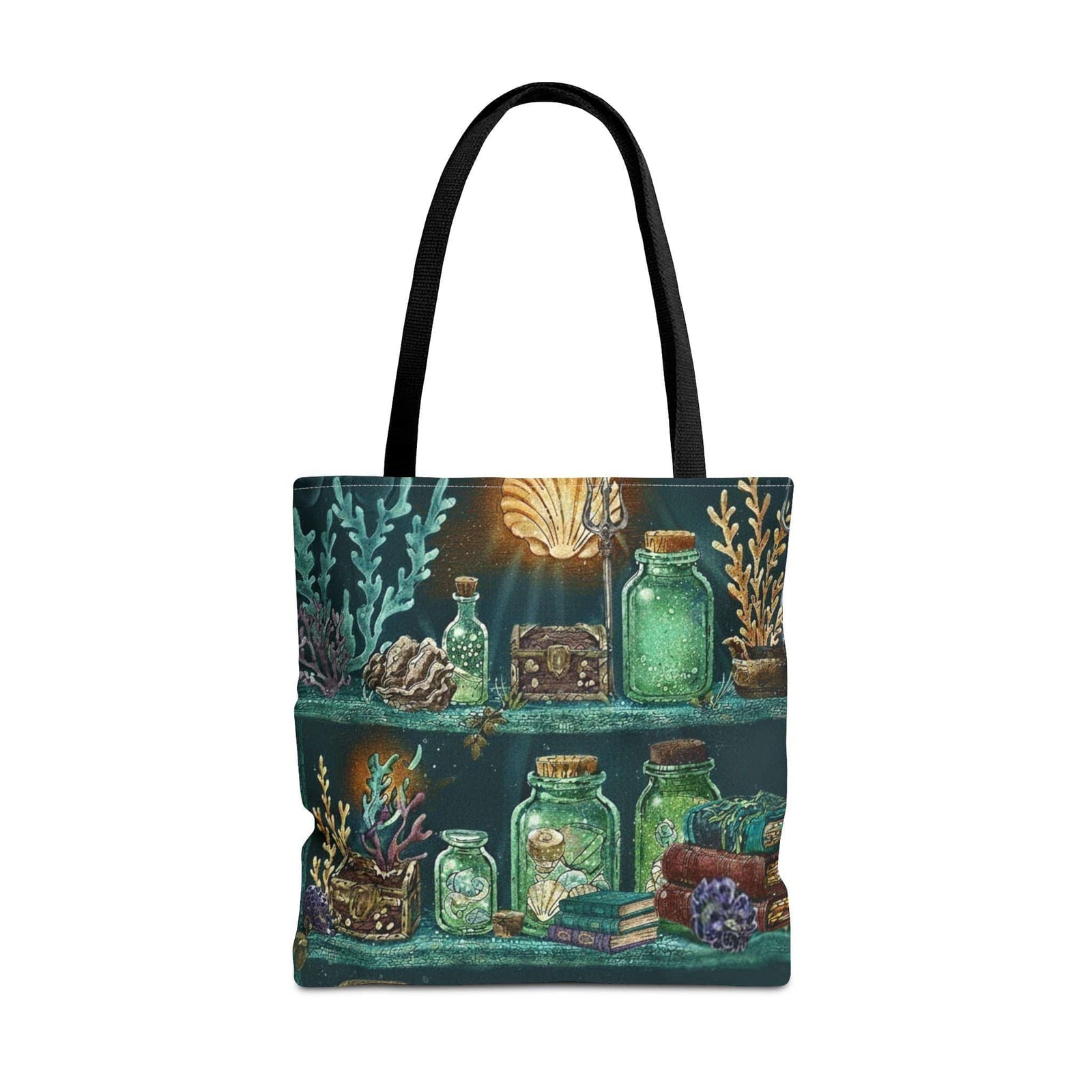 This enchanting 18x18 all-over print tote features a glowing undersea bookshelf scene glass potion bottles, coral curiosities, sunken tomes, and a touch of mermaid magic illuminated by golden light. It’s the perfect companion for dreamers, readers, and ocean-souled collectors who find beauty in the mysterious and the mythical.