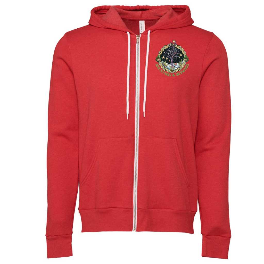 Christmas Mermaid Fleece Zip-Up Hoodie (Red)