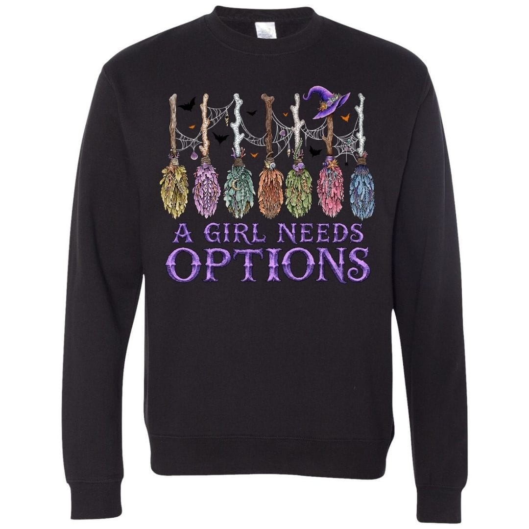 Mountains & Mermaids A Girl Needs Options Crewneck Sweatshirt Small / Black
