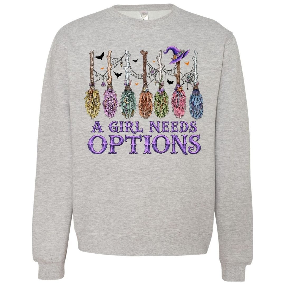 Mountains & Mermaids A Girl Needs Options Crewneck Sweatshirt Small / Heather Gray