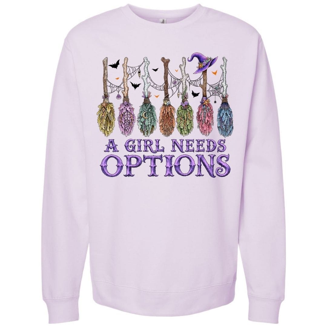 Mountains & Mermaids A Girl Needs Options Crewneck Sweatshirt Small / Lavender
