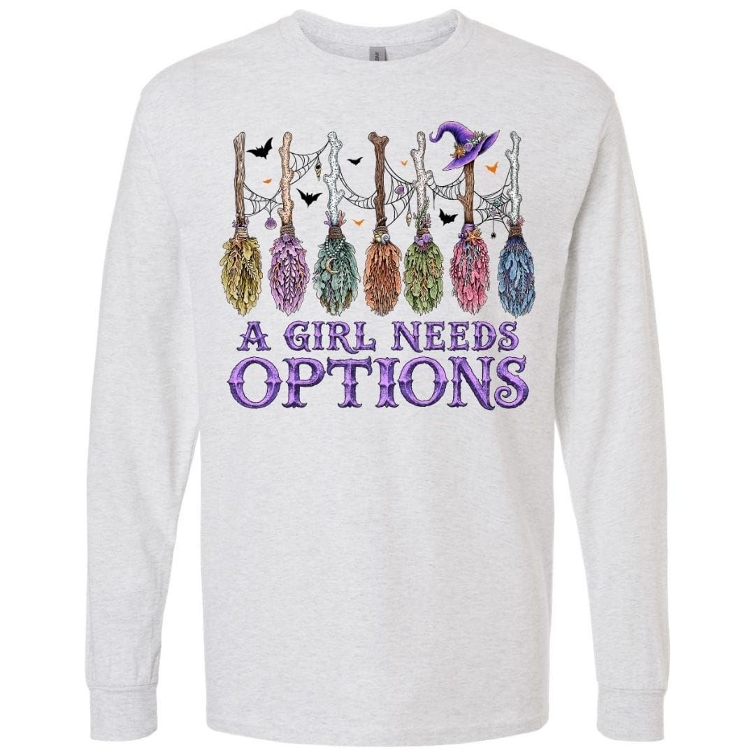 Mountains & Mermaids A Girl Needs Options Long Sleeve T-Shirt Small / Heather Gray