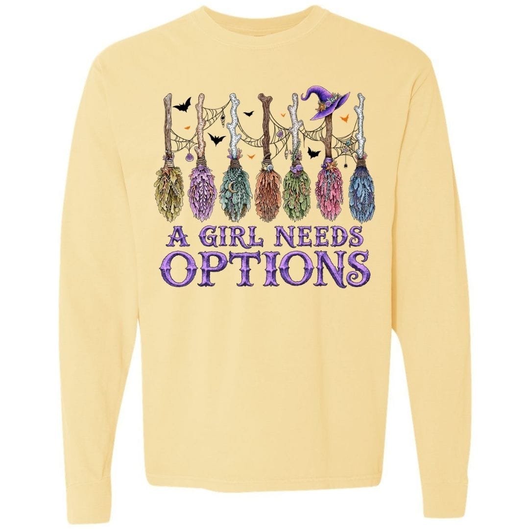 Mountains & Mermaids A Girl Needs Options Long Sleeve T-Shirt Small / Sunshine